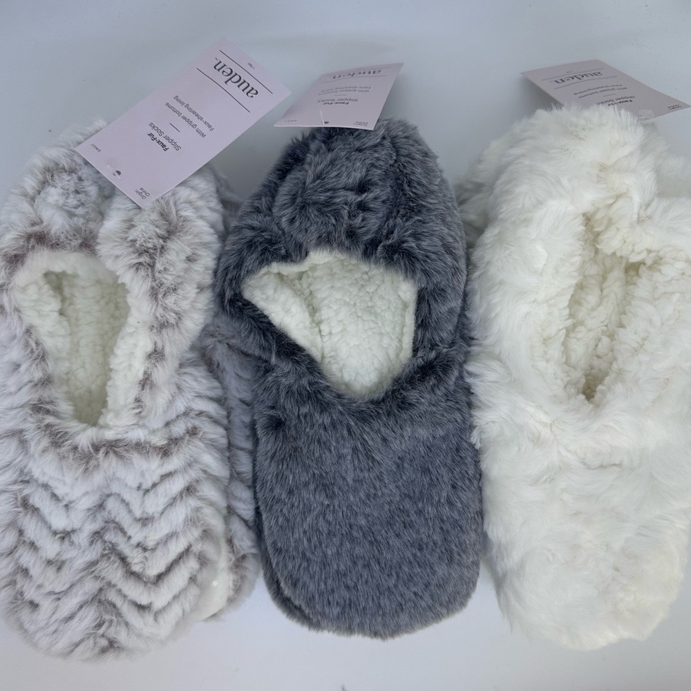 Auden Set of 3 Faux Plush Cozy Pull-on Slipper Socks with Grippers